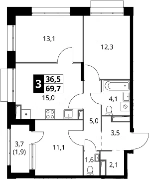 Планировка: 3-комнатная квартира 67,8 м² в ЖК «1-й Саларьевский»