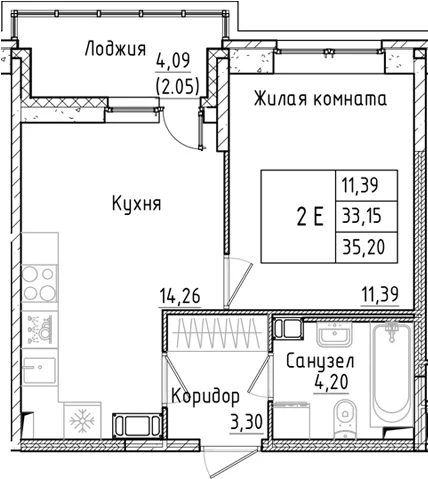 Планировка: 1-комнатная квартира 33,2 м² в ЖК «Аквилон РекаПарк»