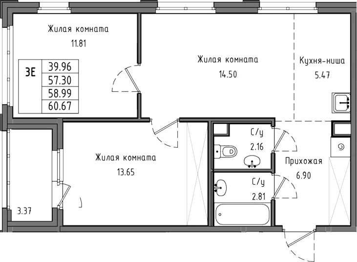 Планировка: Евротрёшка 57,3 м² в ЖК «Тишин»