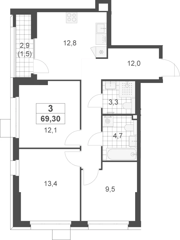 Планировка: 3-комнатная квартира 67,8 м² в ЖК «Скандинавия»
