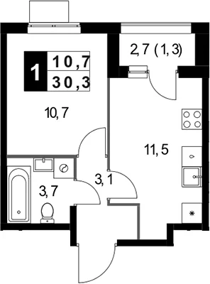 Планировка: 1-комнатная квартира 29 м² в ЖК «1-й Измайловский»