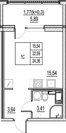Планировка: Студия 22,6 м² в ЖК «Город-спутник Южный»