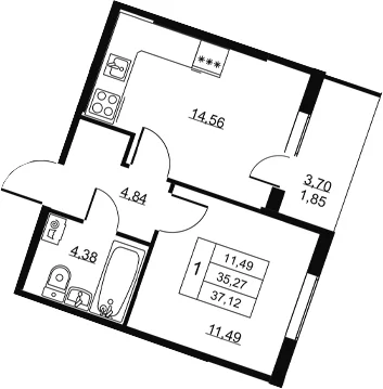 Планировка: 1-комнатная квартира 35,3 м² в ЖК «Высота. Всеволожск»