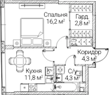 Планировка: 1-комнатная квартира 39,4 м² в ЖК «СЕЗАР БУДУЩЕЕ»
