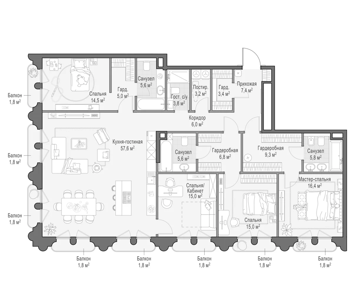 Планировка: Квартира евро-5 186,7 м² в ЖК «Клубный квартал Фрунзенский»