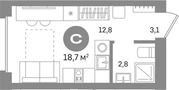 Планировка: Студия 18,7 м² в ЖК «Первый квартал. Вторая очередь»