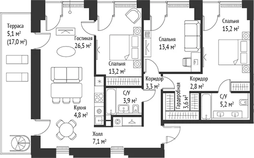 Планировка: Квартира евро-4 98,8 м² в ЖК «СЕТ»