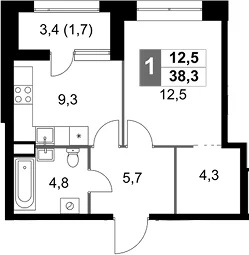 Планировка: 1-комнатная квартира 36,6 м² в ЖК «Скай Гарден»