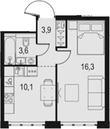 Планировка: 1-комнатная квартира 33,9 м² в ЖК «Левел Южнопортовая»