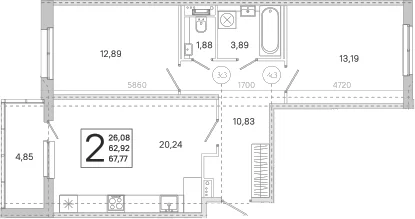 Планировка: Евротрёшка 62,9 м² в ЖК «ЮгТаун. Олимпийские кварталы»