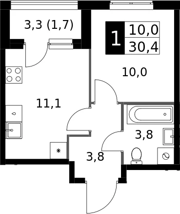 Планировка: 1-комнатная квартира 28,7 м² в ЖК «1-й Измайловский»
