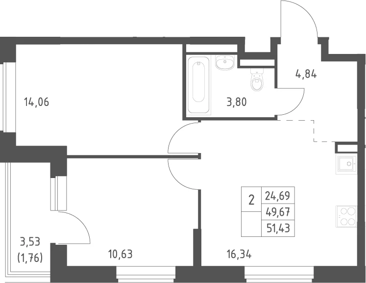 Планировка: Евротрёшка 49,7 м² в ЖК «Большое Юрлово»