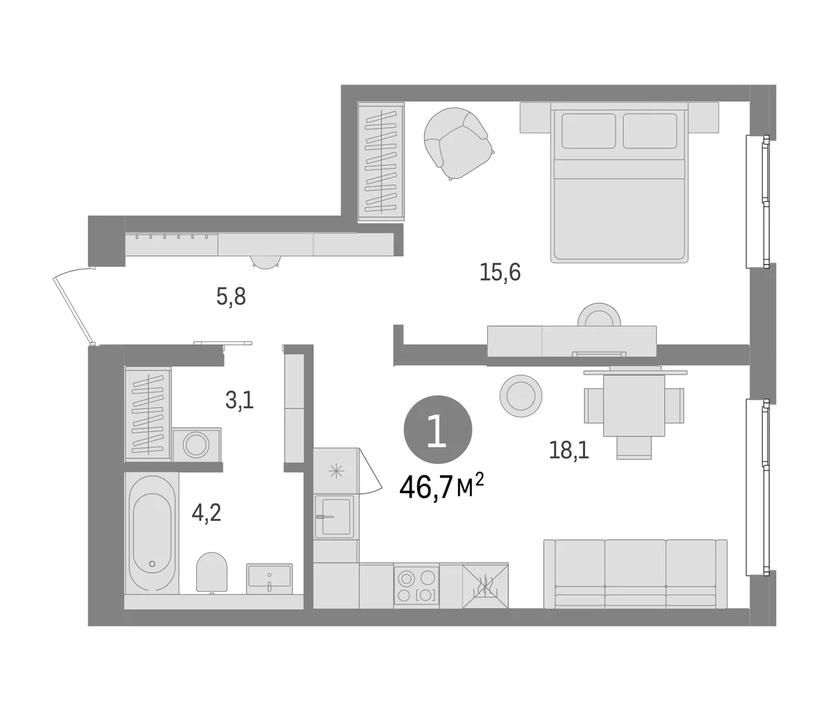 Планировка: Евродвушка 46,7 м² в ЖК «Брусника в Новоселье»