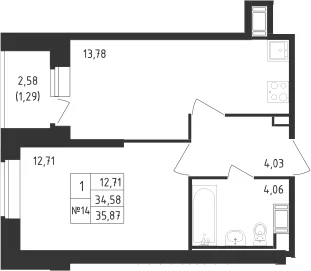 Планировка: 1-комнатная квартира 34,6 м² в ЖК «Живи! В Рыбацком»