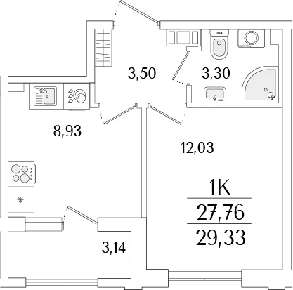 Планировка: 1-комнатная квартира 27,8 м² в ЖК «Гранат»