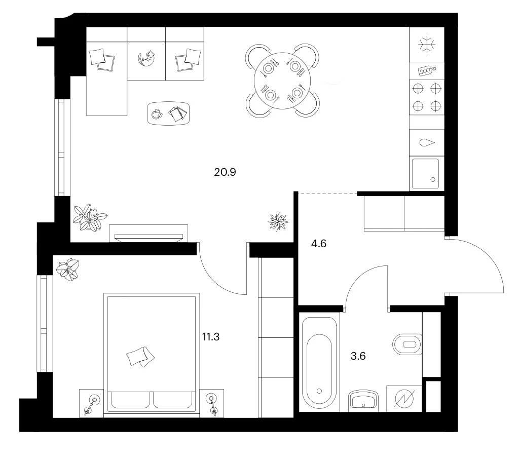 Планировка: 1-комнатная квартира 40,4 м² в ЖК «Зеленый парк»
