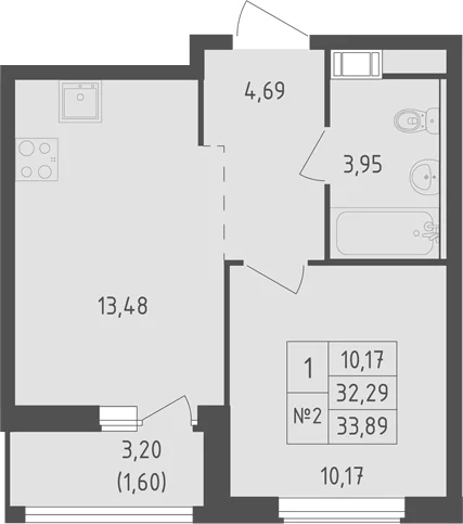 Планировка: 1-комнатная квартира 32,3 м² в ЖК «Южная Нева»