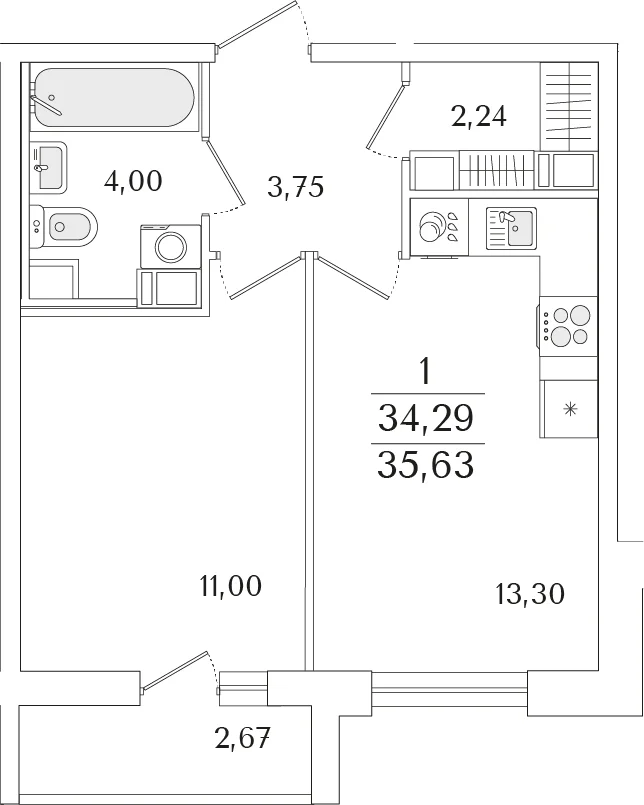 Планировка: Евродвушка 34,3 м² в ЖК «Кинопарк»