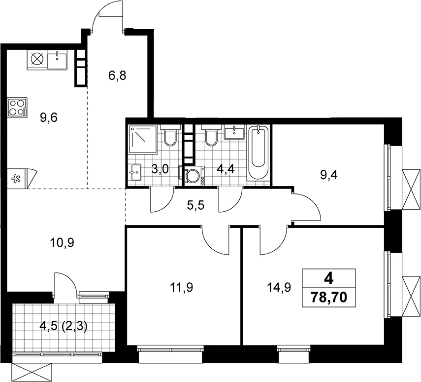 Планировка: Квартира евро-4 76,4 м² в ЖК «Бунинские кварталы»