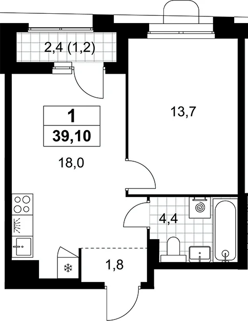 Планировка: Евродвушка 37,9 м² в ЖК «Прокшино»