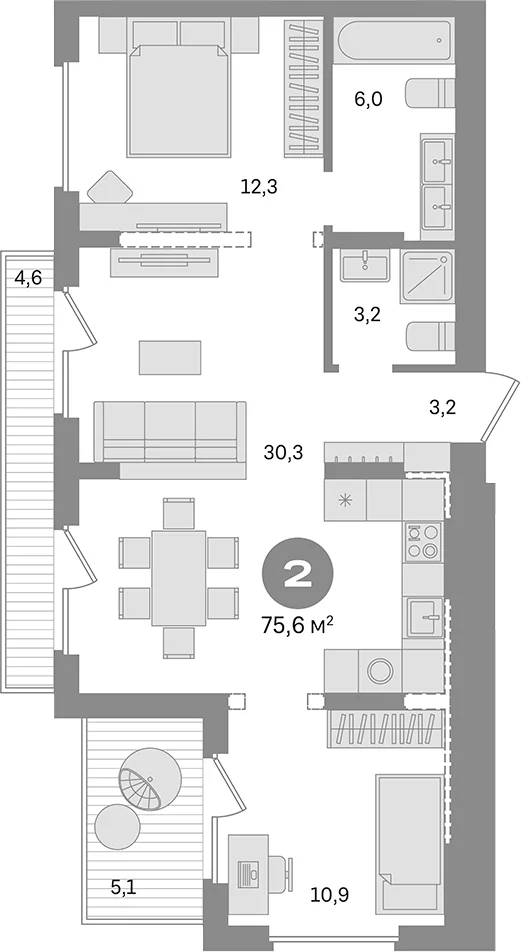 Планировка: 2-комнатная квартира 65,9 м² в ЖК «Первый квартал. Вторая очередь»