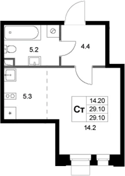 Планировка: Студия 29,1 м² в ЖК «Кореневский Форт 2.3»