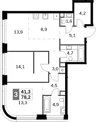 Планировка: Евротрёшка 78,2 м² в ЖК «Амбер Сити»