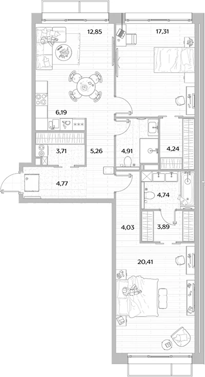 Планировка: Евротрёшка 92,3 м² в ЖК «МЫС»