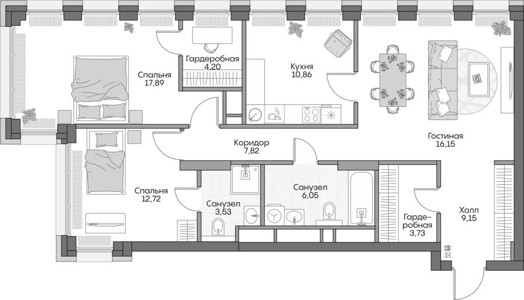 Планировка: 3-комнатная квартира 89,5 м² в ЖК «Инсайдер»