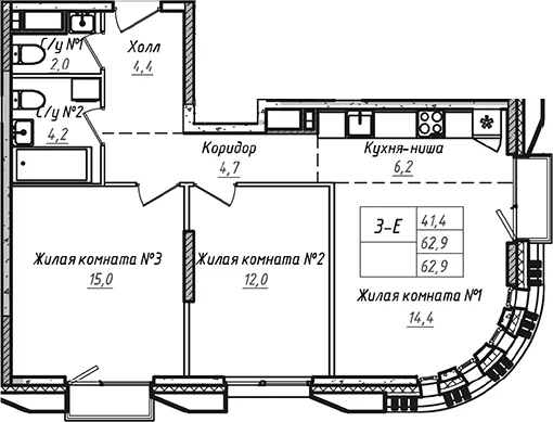 Планировка: Евротрёшка 62,9 м² в ЖК «УНО.Соколиная гора»