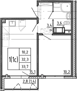Планировка: Евродвушка 32,3 м² в ЖК «Ручьи 2»