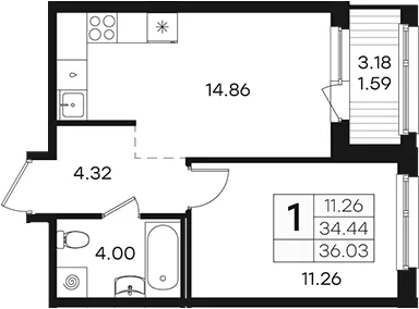 Планировка: 1-комнатная квартира 34,4 м² в ЖК «Парголово»