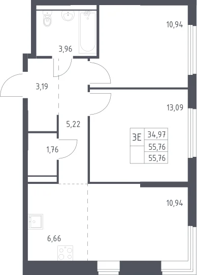 Планировка: Евротрёшка 55,8 м² в ЖК «Пригород Лесное»
