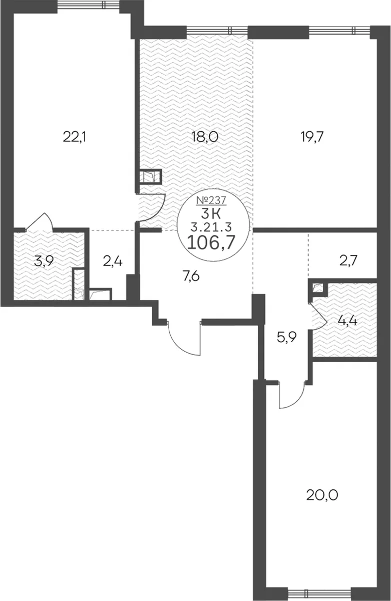 Планировка: 3-комнатная квартира 106,7 м² в ЖК «Клубный квартал КРЫЛАТСКАЯ 33»