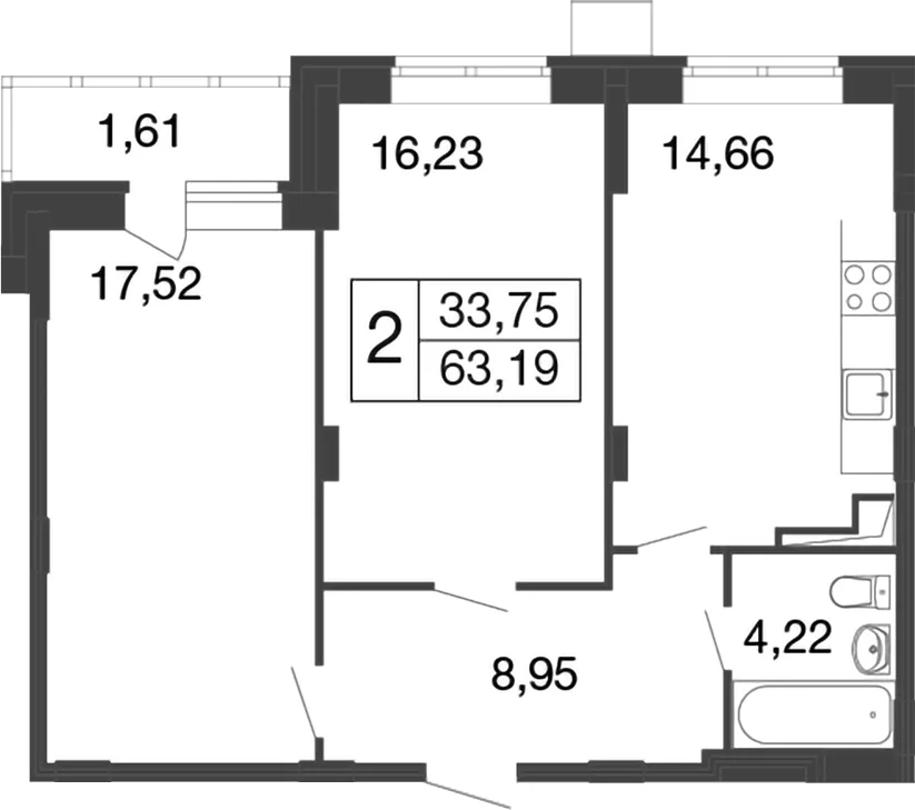Планировка: 2-комнатная квартира 61,6 м² в ЖК «Времена года»