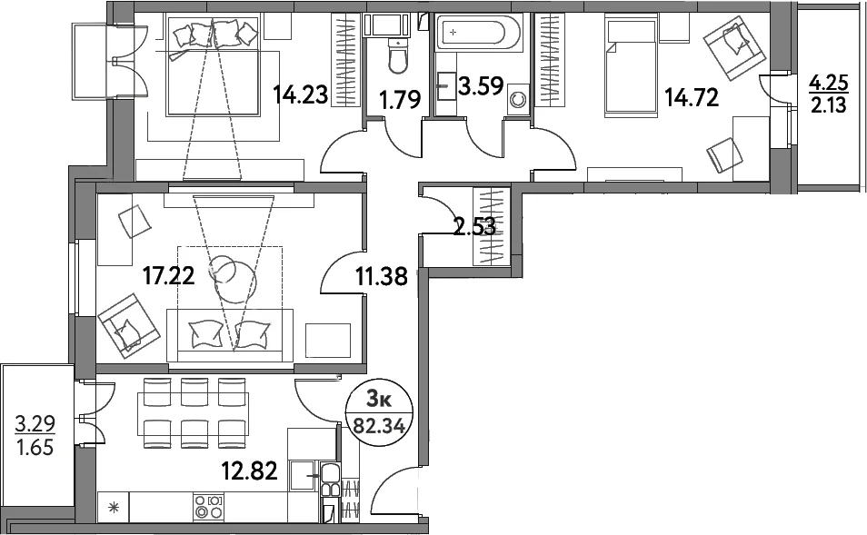 Планировка: 3-комнатная квартира 78,3 м² в ЖК «Дом на Сиреневой»