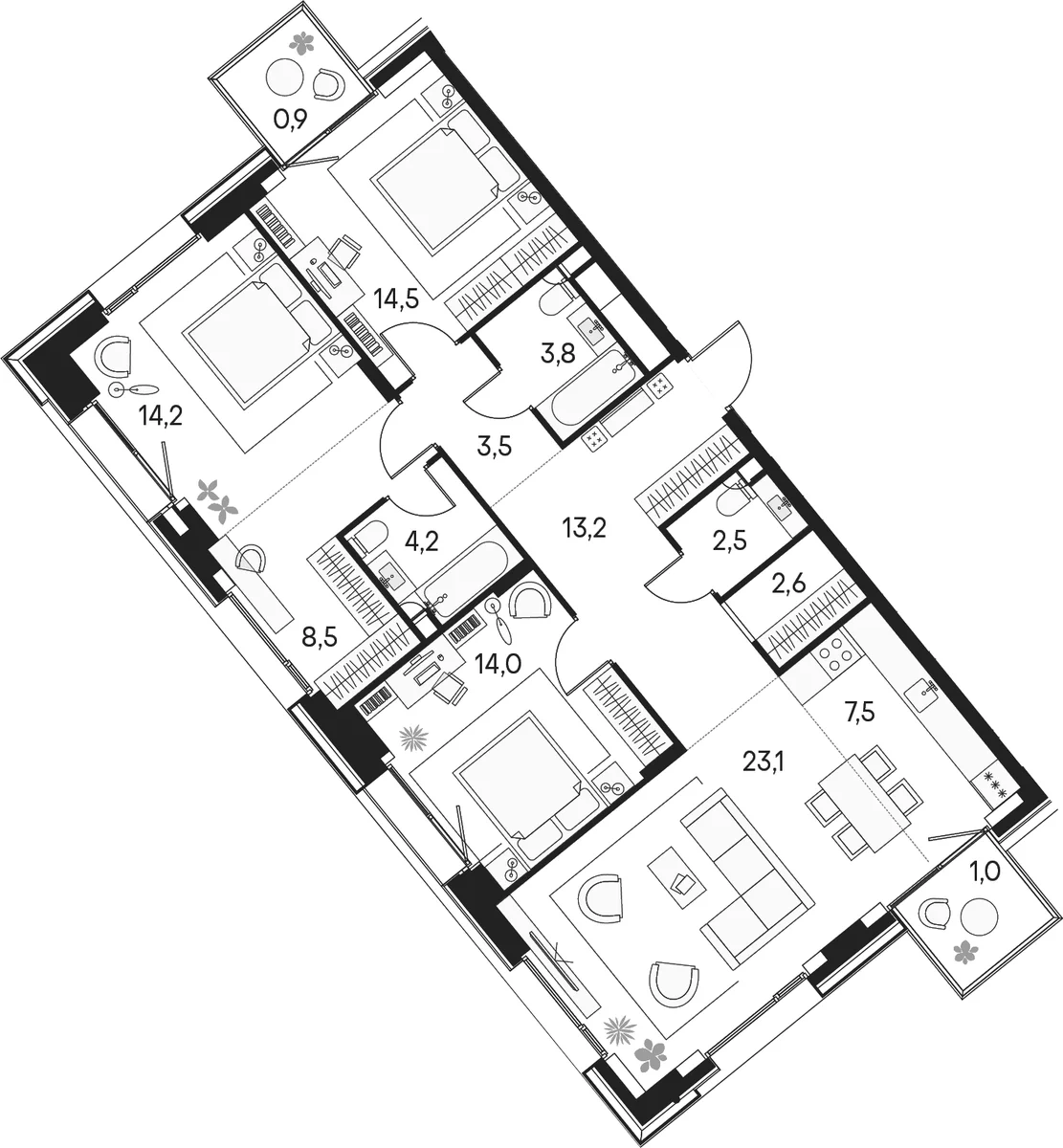Планировка: Квартира евро-4 111,6 м² в ЖК «Клубный город на реке Примавера»