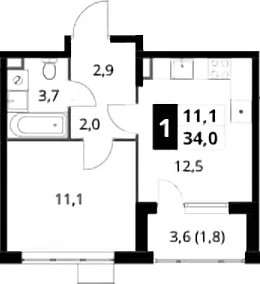 Планировка: 1-комнатная квартира 32,2 м² в ЖК «1-й Шереметьевский»