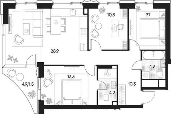 Планировка: Квартира евро-4 80,9 м² в ЖК «Клубный город на реке Примавера»