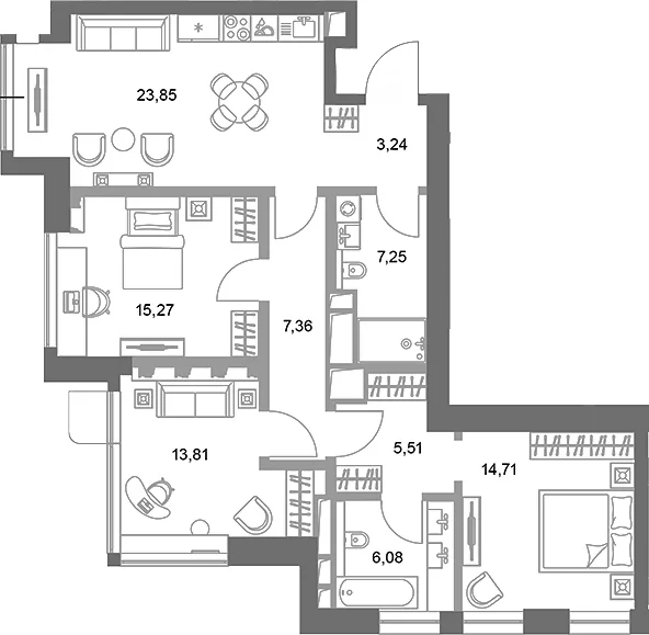 Планировка: 3-комнатная квартира 97,1 м² в ЖК «ФАЙВ ТАУЭРС»