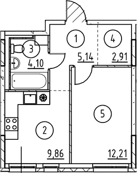 Планировка: 1-комнатная квартира 34,2 м² в ЖК «Невская Долина»