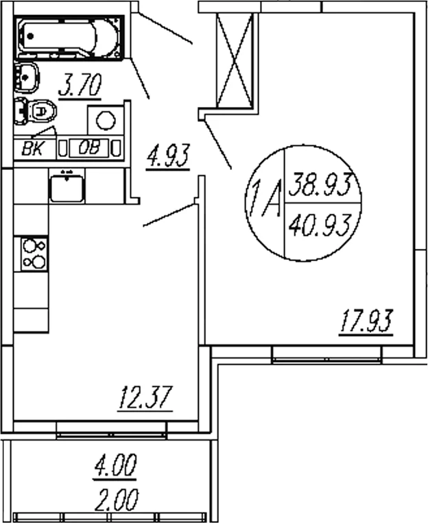 Планировка: 1-комнатная квартира 38,9 м² в ЖК «Шолохово»