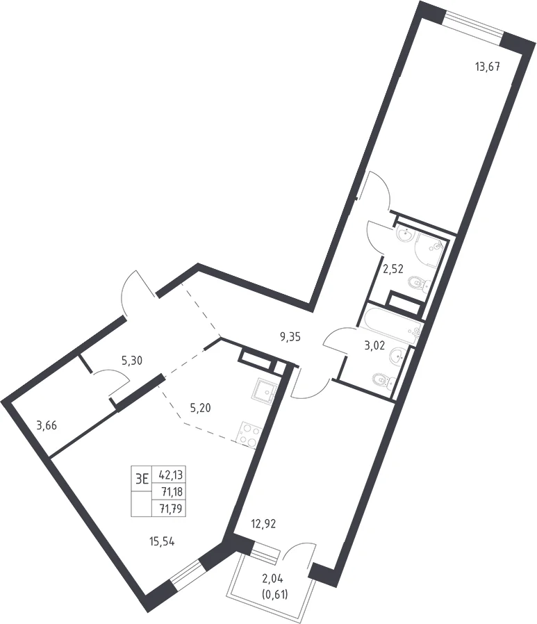 Планировка: Евротрёшка 71,2 м² в ЖК «Квартал Лаголово»