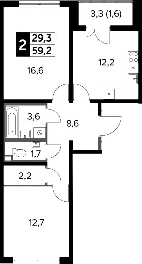 Планировка: 2-комнатная квартира 58,6 м² в ЖК «Южная Битца»