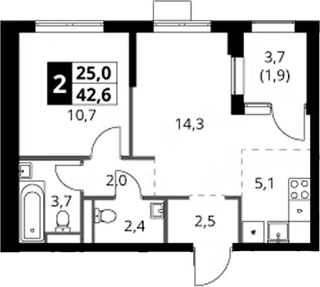 Планировка: Евродвушка 40,7 м² в ЖК «1-й Ясеневский»