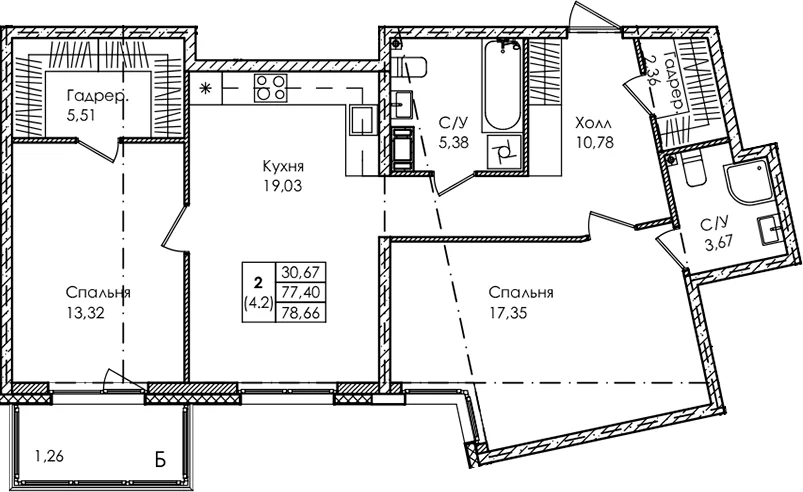 Планировка: Евротрёшка 77,4 м² в ЖК «Лисино»