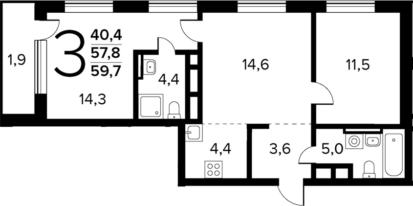 Планировка: Евротрёшка 57,8 м² в ЖК «Новые Ватутинки Квартал у реки»