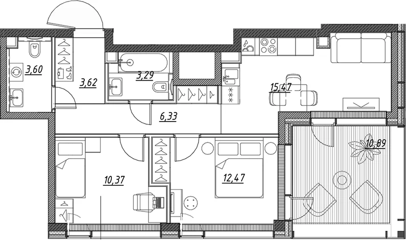 Планировка: Евротрёшка 55,2 м² в ЖК «Веер»