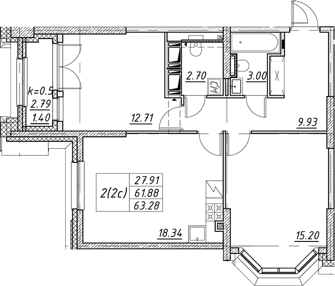 Планировка: Евротрёшка 61,9 м² в ЖК «Цивилизация на Неве»