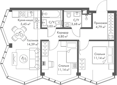 Планировка: Евротрёшка 58,4 м² в ЖК «МИРА»